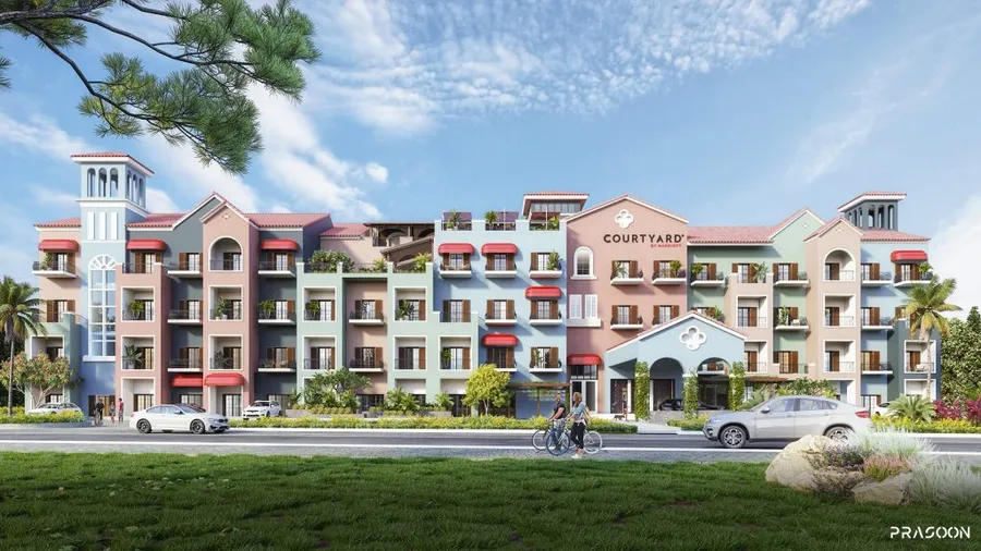 Courtyard by Marriott, a low-rise resort hotel in pastel facades, Dominica
