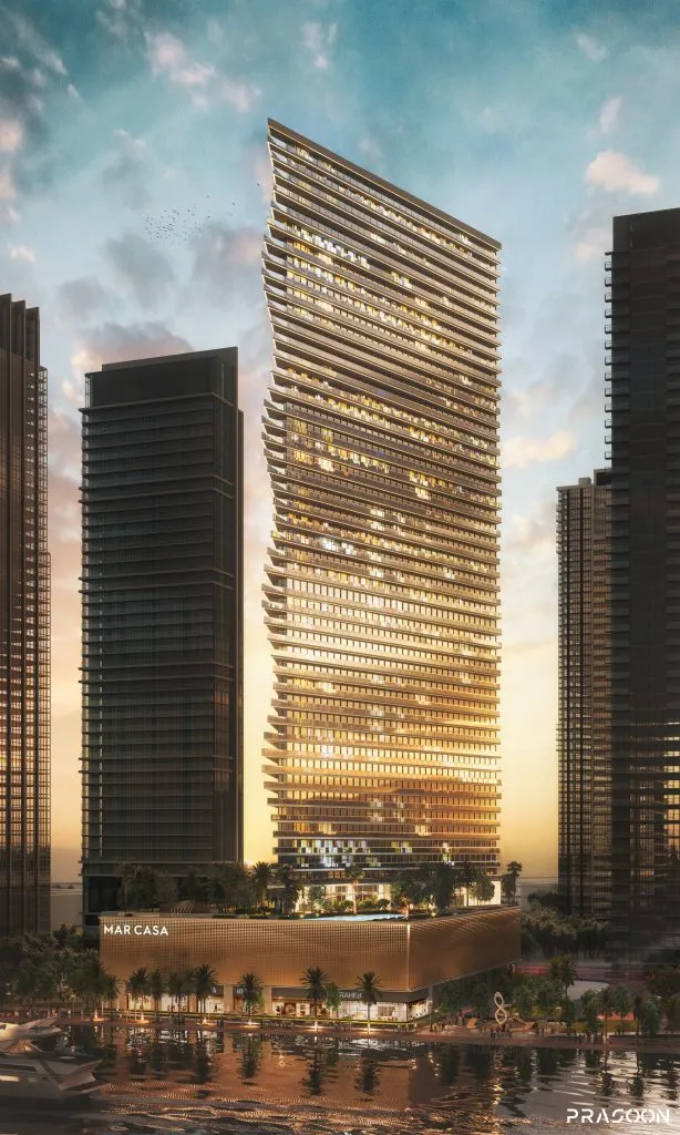Mar Casa, a luxury waterfront residential tower in Dubai, at sunset