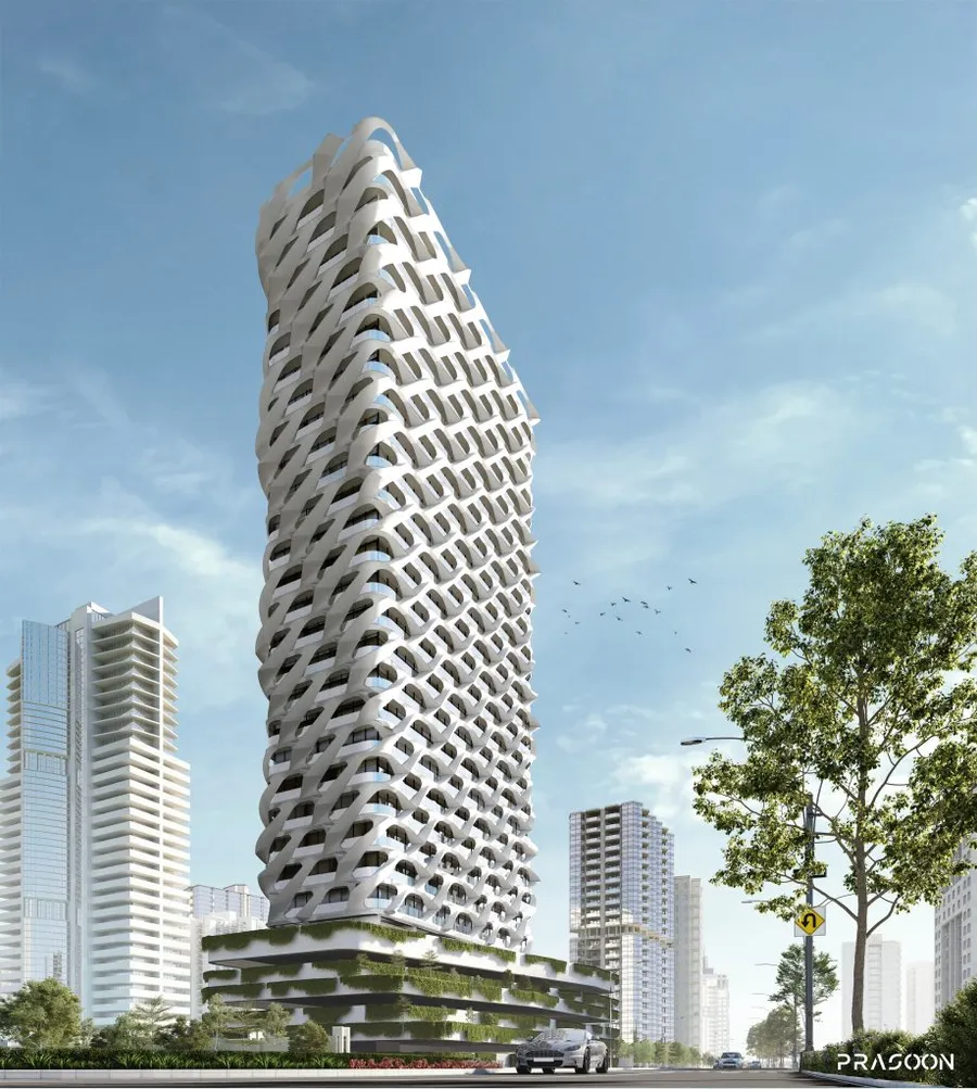 The Marmoris, a sculpted residential tower with woven balcony facade, Dubai